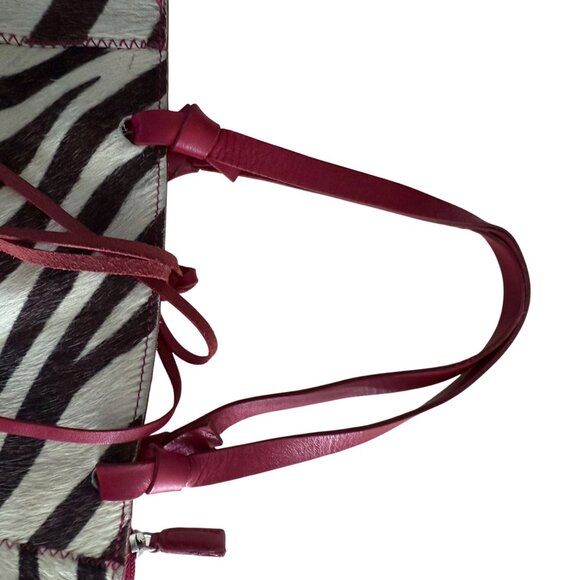 Bloomingdales Zebra Print Leather Tote Bag Whipstitch Detail Black Red Italy - Picture 3 of 6